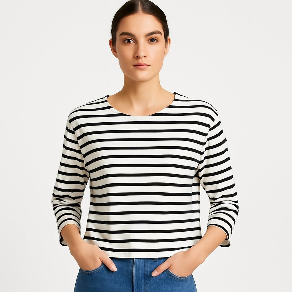 Everlane Breton Striped Tee XS Boxy 3/4 Sleeve Black White